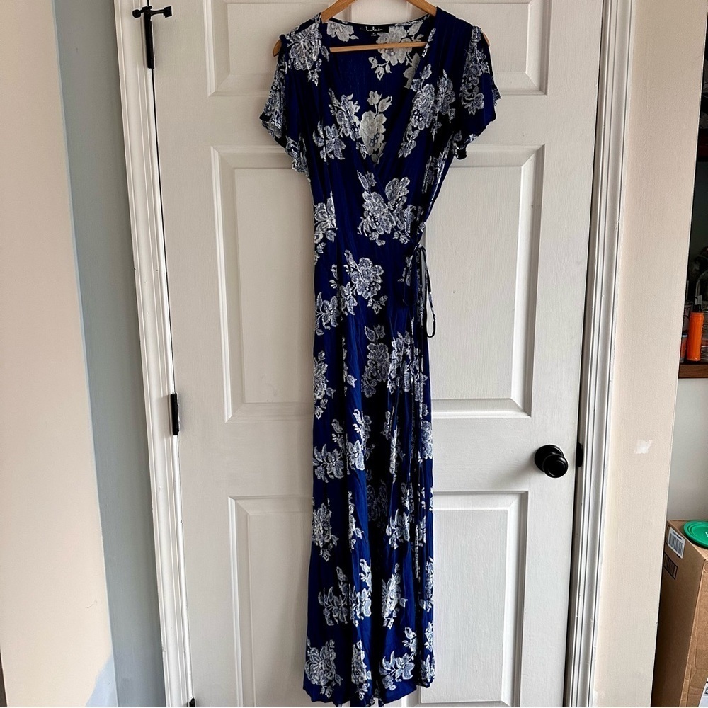 Lulus Heart of Marigold Navy Blue Floral Print Wrap‎ Maxi Dress Small - Picture 3 of 9